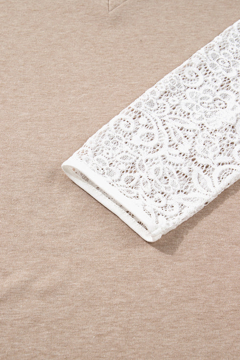Elegant V Neck Lace Patchwork Detail Long Sleeve Top