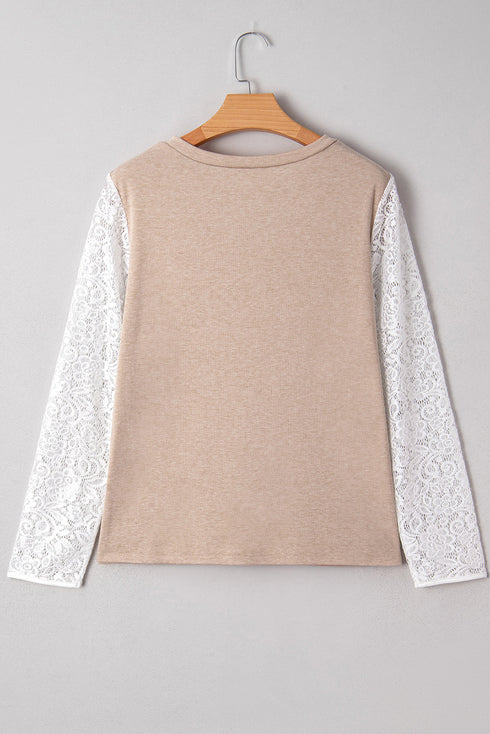 Elegant V Neck Lace Patchwork Detail Long Sleeve Top