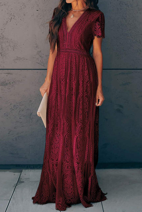 Elegant V Neck Ladder Trim Lace Maxi Dress