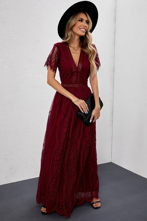 Elegant V Neck Ladder Trim Lace Maxi Dress