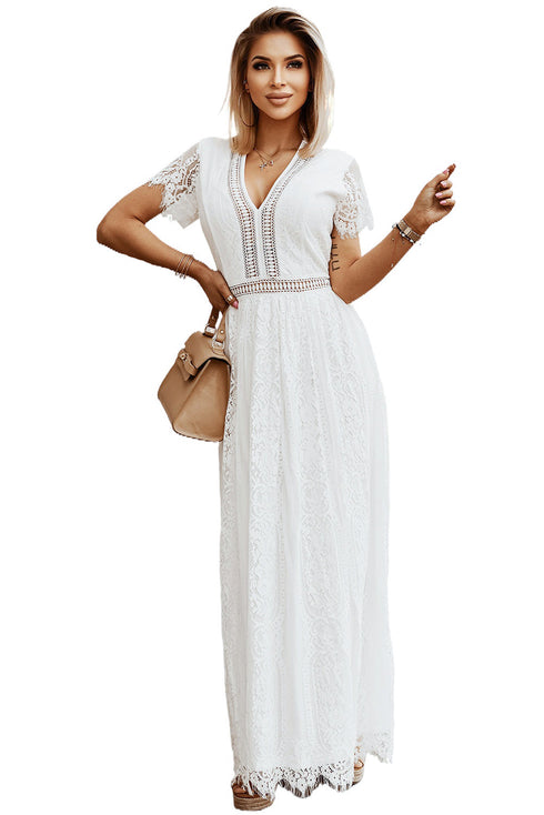 Elegant V Neck Ladder Trim Lace Maxi Dress