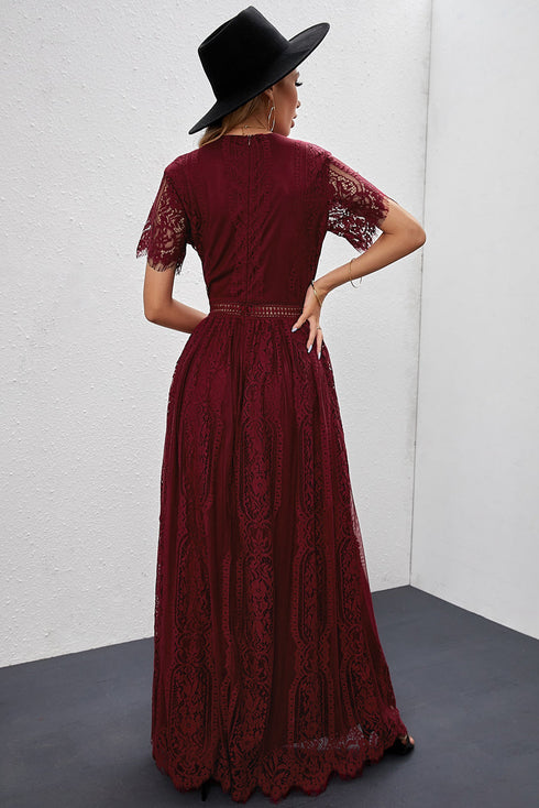 Elegant V Neck Ladder Trim Lace Maxi Dress