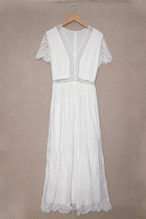 Elegant V Neck Ladder Trim Lace Maxi Dress
