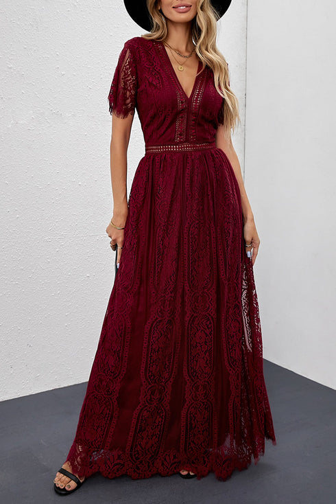 Elegant V Neck Ladder Trim Lace Maxi Dress