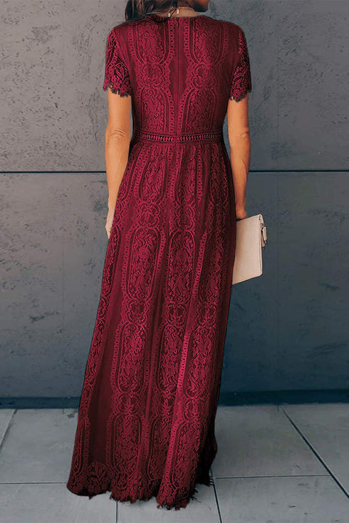 Elegant V Neck Ladder Trim Lace Maxi Dress