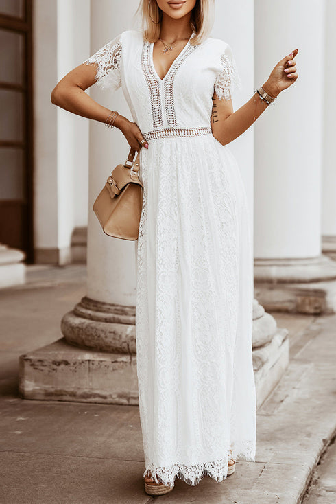 Elegant V Neck Ladder Trim Lace Maxi Dress