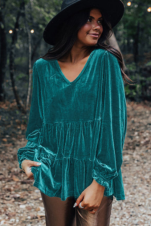 Elegant V Neck Velvet Peplum Puff Sleeve Blouse