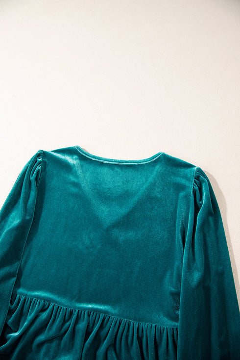 Elegant V Neck Velvet Peplum Puff Sleeve Blouse