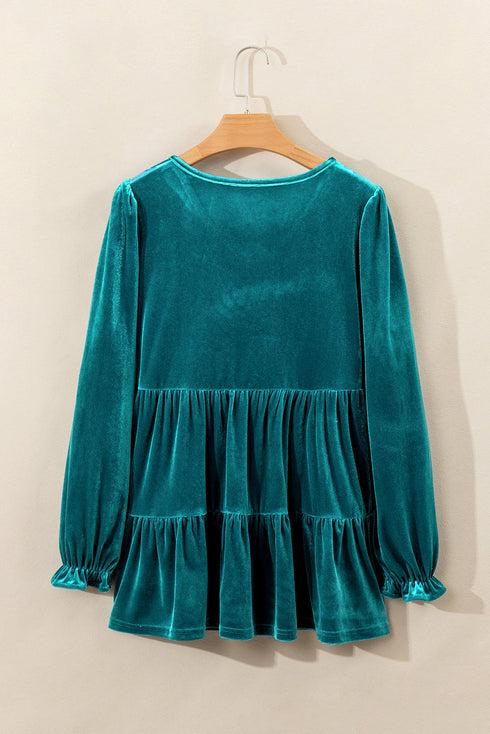 Elegant V Neck Velvet Peplum Puff Sleeve Blouse