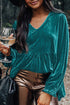 Elegant V Neck Velvet Peplum Puff Sleeve Blouse
