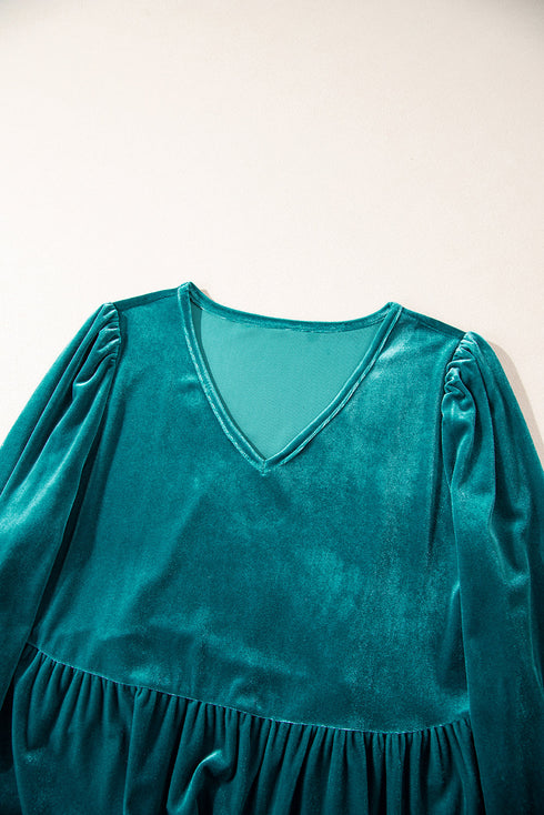Elegant V Neck Velvet Peplum Puff Sleeve Blouse