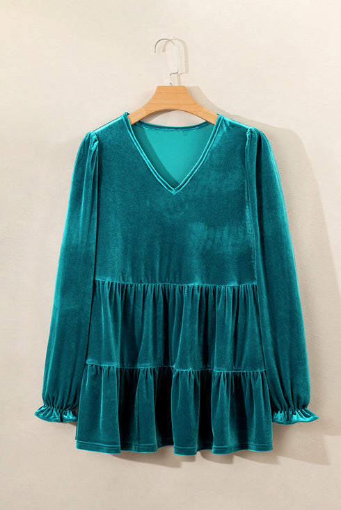 Elegant V Neck Velvet Peplum Puff Sleeve Blouse