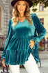 Elegant V Neck Velvet Peplum Puff Sleeve Blouse