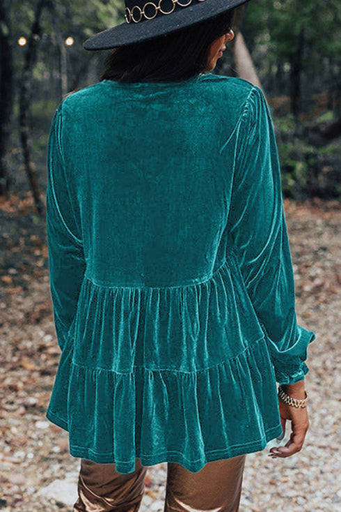 Elegant V Neck Velvet Peplum Puff Sleeve Blouse
