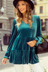Elegant V Neck Velvet Peplum Puff Sleeve Blouse