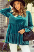 Elegant V Neck Velvet Peplum Puff Sleeve Blouse