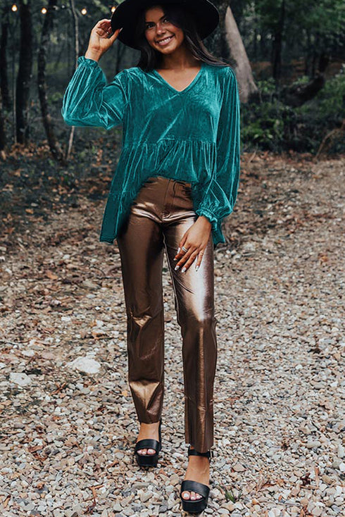 Elegant V Neck Velvet Peplum Puff Sleeve Blouse