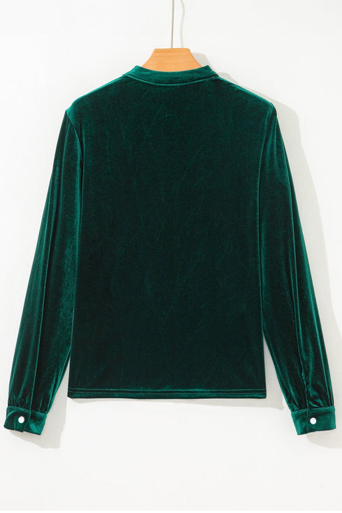Elegant Velvet Asymmetric Button Detail Keyhole Neck Blouse