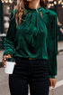 Elegant Velvet Asymmetric Button Detail Keyhole Neck Blouse