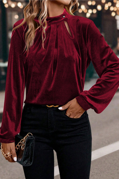 Elegant Velvet Asymmetric Button Detail Keyhole Neck Blouse