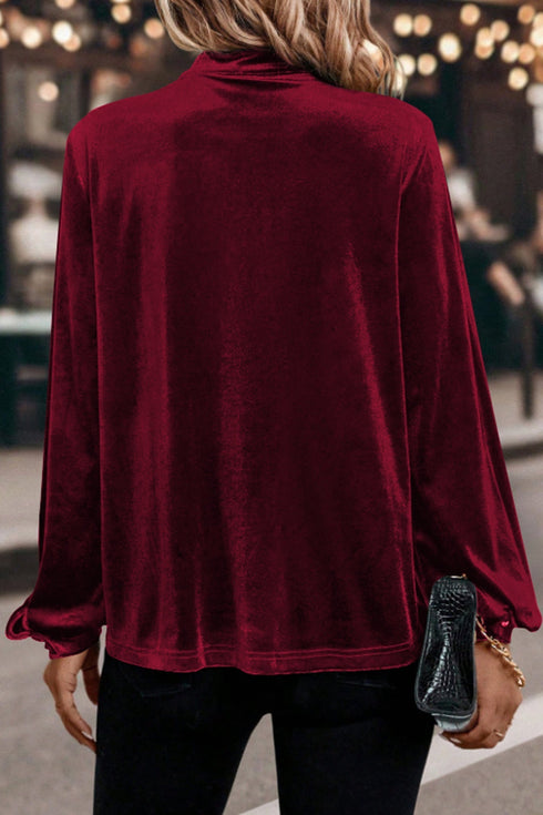 Elegant Velvet Asymmetric Button Detail Keyhole Neck Blouse