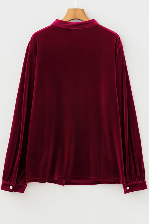 Elegant Velvet Asymmetric Button Detail Keyhole Neck Blouse