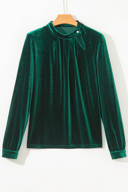 Elegant Velvet Asymmetric Button Detail Keyhole Neck Blouse
