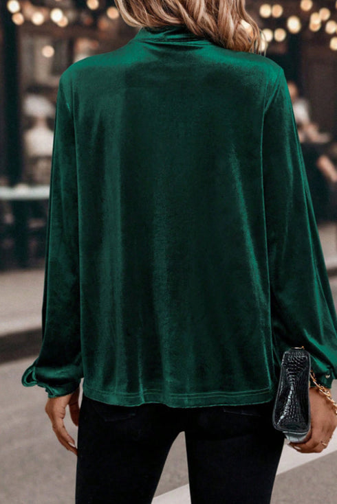 Elegant Velvet Asymmetric Button Detail Keyhole Neck Blouse