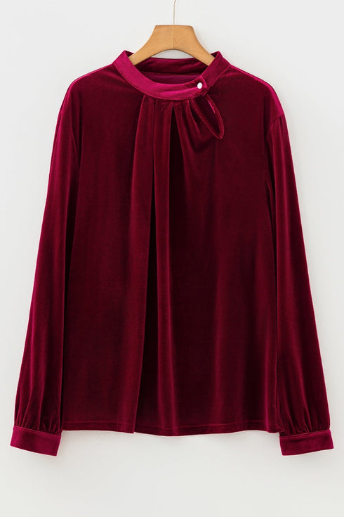 Elegant Velvet Asymmetric Button Detail Keyhole Neck Blouse