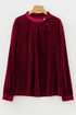 Elegant Velvet Asymmetric Button Detail Keyhole Neck Blouse