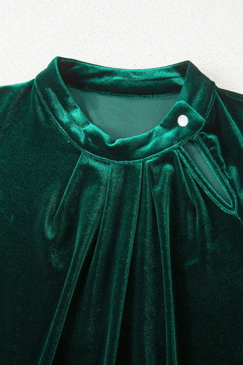 Elegant Velvet Asymmetric Button Detail Keyhole Neck Blouse