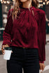 Elegant Velvet Asymmetric Button Detail Keyhole Neck Blouse