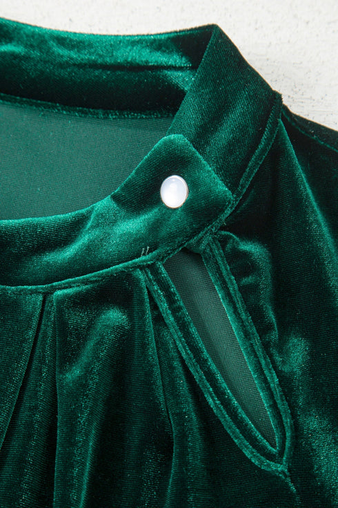 Elegant Velvet Asymmetric Button Detail Keyhole Neck Blouse
