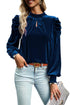 Elegant Velvet Mock Neck Keyhole Puff Sleeve Blouse