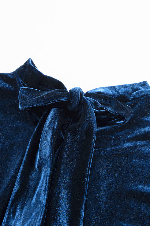 Elegant Velvet Mock Neck Keyhole Puff Sleeve Blouse