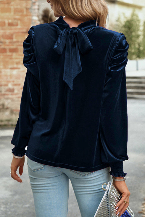 Elegant Velvet Mock Neck Keyhole Puff Sleeve Blouse