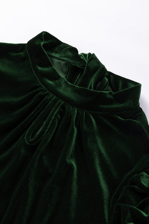 Elegant Velvet Mock Neck Keyhole Puff Sleeve Blouse