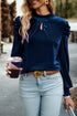 Elegant Velvet Mock Neck Keyhole Puff Sleeve Blouse