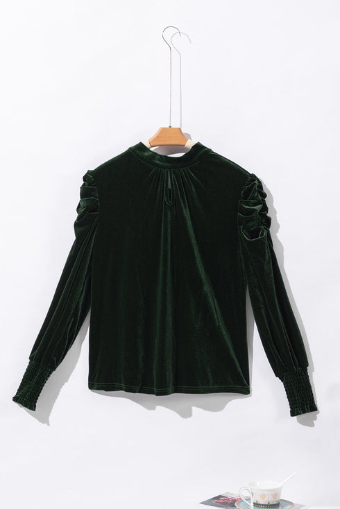 Elegant Velvet Mock Neck Keyhole Puff Sleeve Blouse