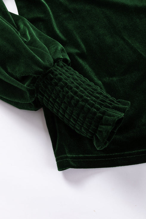 Elegant Velvet Mock Neck Keyhole Puff Sleeve Blouse