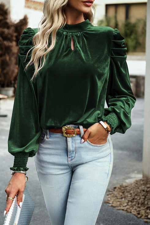 Elegant Velvet Mock Neck Keyhole Puff Sleeve Blouse