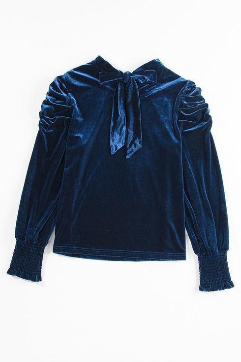 Elegant Velvet Mock Neck Keyhole Puff Sleeve Blouse