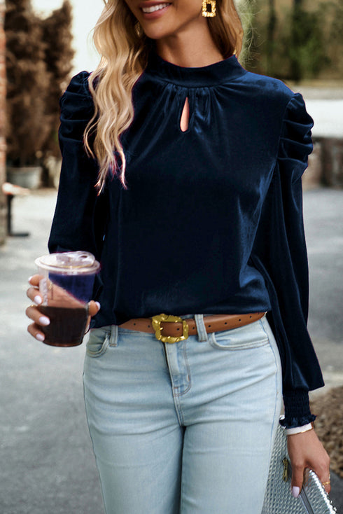 Elegant Velvet Mock Neck Keyhole Puff Sleeve Blouse