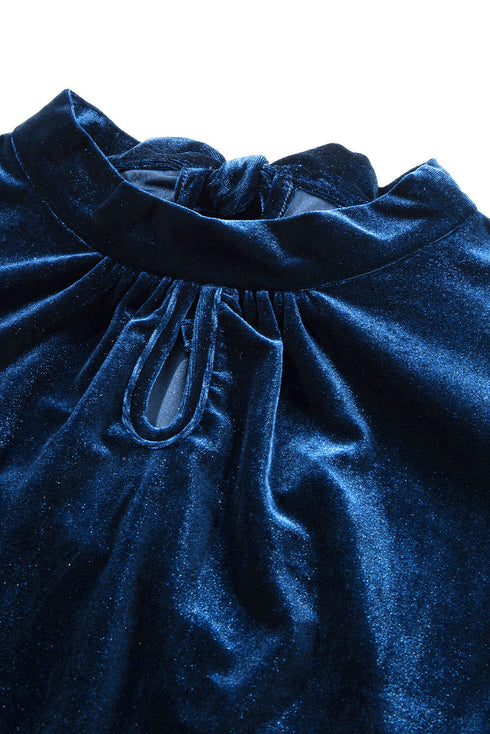 Elegant Velvet Mock Neck Keyhole Puff Sleeve Blouse