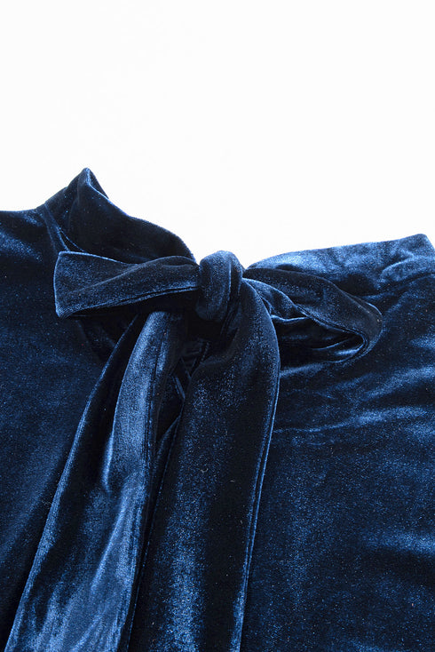 Elegant Velvet Mock Neck Keyhole Puff Sleeve Blouse