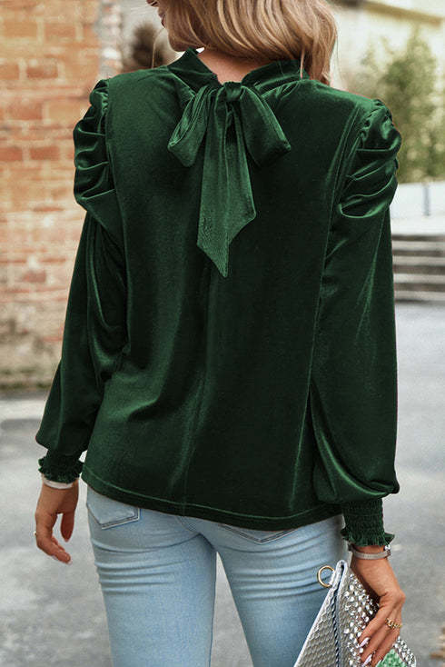Elegant Velvet Mock Neck Keyhole Puff Sleeve Blouse