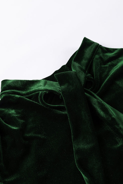 Elegant Velvet Mock Neck Keyhole Puff Sleeve Blouse