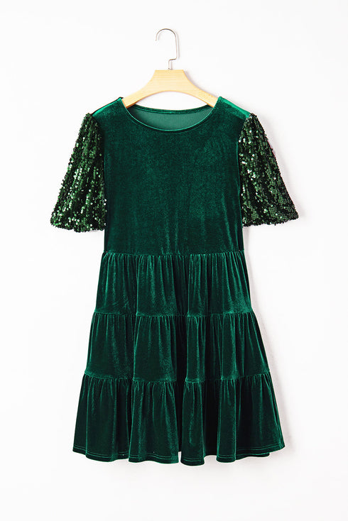 Elegant Velvet Sequin Puff Sleeve Tiered Mini Dress