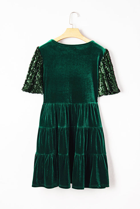 Elegant Velvet Sequin Puff Sleeve Tiered Mini Dress