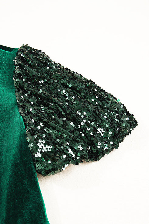 Elegant Velvet Sequin Puff Sleeve Tiered Mini Dress